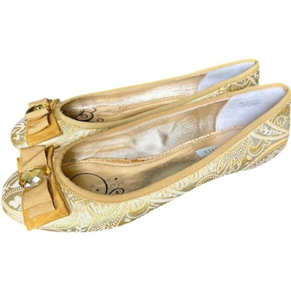 Lovely People Alpinia Brocade Ballet Flats, Ribbon Bow and Jewel - Gold/Tan - 9 - Picture 2 of 14